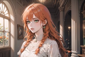 ((Tangerine hair)), (freckle), (twin braids), (bangs), long wavy hair, green eyes, serious, wearing a ((red)) 
 Romanticism Gown)), short sleeve, by Raphael, masterpiece, upper body shot, magnificent indoor hall, Flonie, 1 girl