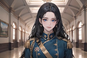 ((Black hair)), center parthair, straight long hair, blue eyes, sad smile, wearing a ((military uniform:1.3)), by Raphael, masterpiece, upper body shot, magnificent indoor hall, Herioce,1 girl