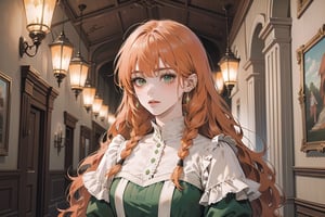 ((Tangerine hair)), (freckle), (twin braids), (bangs), long wavy hair, green eyes, shy, wearing a ((royal Victorian dress)), long puff sleeve, by Raphael, masterpiece, upper body shot, magnificent indoor hall, Flonie, 1 girl