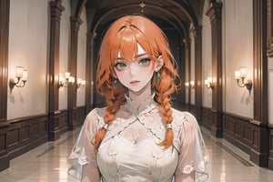 ((Tangerine hair)), (freckle), (twin braids), (bangs), long wavy hair, green eyes, serious, wearing a (lovely Romanticism Gown)), short sleeve, by Raphael, masterpiece, upper body shot, magnificent indoor hall, Flonie, 1 girl