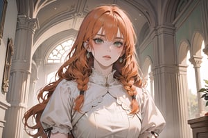 ((Tangerine hair)), (freckle), (twin braids), (bangs), long wavy hair, green eyes, serious, wearing a (red Romanticism Gown)), short sleeve, by Raphael, masterpiece, upper body shot, magnificent indoor hall, Flonie, 1 girl