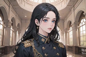 ((Black hair)), center parthair, straight long hair, blue eyes, doyagao, wearing a ((military uniform:1.3)), by Raphael, masterpiece, upper body shot, magnificent indoor hall, Herioce,1 girl