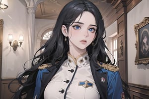 ((Black hair)), (((center parthair))), straight long hair, blue eyes, serious, wearing a ((military uniform:1.3)), by Raphael, masterpiece, upper body shot, magnificent indoor hall, Herioce,1 girl