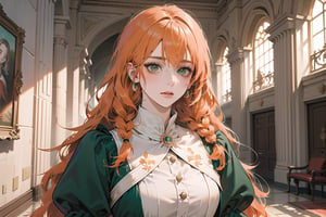 ((Tangerine hair)), (freckle), (twin braids), (bangs), long wavy hair, green eyes, shy, wearing a ((royal Victorian dress)), long sleeve, by Raphael, masterpiece, upper body shot, magnificent indoor hall, Flonie, 1 girl