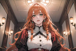 ((Tangerine hair)), (freckle), (twin braids), (bangs), long wavy hair, green eyes, shy, wearing a ((Crimson)) ((royal Victorian dress)), long puff sleeve, by Raphael, masterpiece, upper body shot, magnificent indoor hall, Flonie, 1 girl