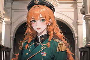 ((Tangerine hair)), (freckle), (twin braids), (bangs), long wavy hair, green eyes, shy, wearing a ((military uniform:1.3)), by Raphael, masterpiece, upper body shot, magnificent indoor hall, Flonie, 1 girl