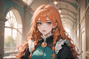 ((Tangerine hair)), (freckle), (twin braids), (bangs), long wavy hair, green eyes, shy, wearing a ((Cyan)) ((royal Victorian dress)), long puff sleeve, by Raphael, masterpiece, upper body shot, magnificent indoor hall, Flonie, 1 girl