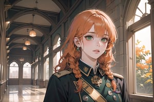 ((Tangerine hair)), (freckle), (twin braids), (bangs), long wavy hair, green eyes, shy, wearing a ((military uniform:1.3)), by Raphael, masterpiece, upper body shot, magnificent indoor hall, Flonie, 1 girl