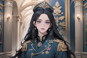 ((Black hair)), center parthair, straight long hair, blue eyes, smug, wearing a ((military uniform:1.3)), by Raphael, masterpiece, upper body shot, magnificent indoor hall, Herioce,1 girl