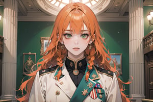 ((Tangerine hair)), (freckle), (twin braids), (bangs), long wavy hair, green eyes, shy, wearing a ((military uniform:1.3)), by Raphael, masterpiece, upper body shot, magnificent indoor hall, Flonie, 1 girl