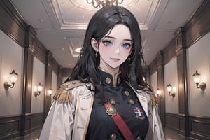 ((Black hair)), (((center parthair))), straight long hair, blue eyes, angelic smile, wearing a ((military uniform:1.3)), by Raphael, masterpiece, upper body shot, magnificent indoor hall, Herioce,1 girl