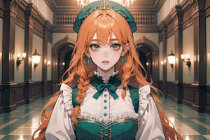 ((Tangerine hair)), (freckle), (twin braids), (bangs), long wavy hair, green eyes, shy, wearing a ((Cyan)) ((royal Victorian dress)), long puff sleeve, by Raphael, masterpiece, upper body shot, magnificent indoor hall, Flonie, 1 girl