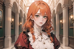 ((Tangerine hair)), (freckle), (twin braids), (bangs), long wavy hair, green eyes, shy, wearing a ((Crimson)) ((royal Victorian dress)), long puff sleeve, by Raphael, masterpiece, upper body shot, magnificent indoor hall, Flonie, 1 girl