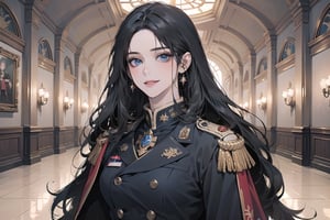 ((Black hair)), (((center parthair))), straight long hair, blue eyes, angelic smile, wearing a ((military uniform:1.3)), by Raphael, masterpiece, upper body shot, magnificent indoor hall, Herioce,1 girl