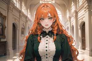 ((Tangerine hair)), (freckle), (twin braids), (bangs), long wavy hair, green eyes, shy, wearing a ((Victorian dress)), long sleeve, by Raphael, masterpiece, upper body shot, magnificent indoor hall, Flonie, 1 girl