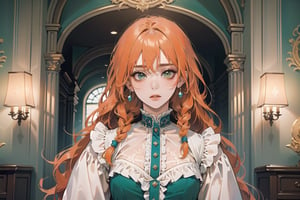 ((Tangerine hair)), (freckle), (twin braids), (bangs), long wavy hair, green eyes, shy, wearing a ((Cyan)) ((royal Victorian dress)), long puff sleeve, by Raphael, masterpiece, upper body shot, magnificent indoor hall, Flonie, 1 girl