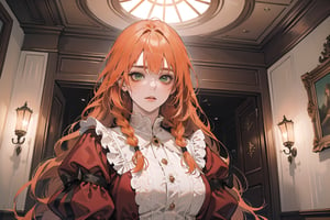 ((Tangerine hair)), (freckle), (twin braids), (bangs), long wavy hair, green eyes, shy, wearing a ((Crimson)) ((royal Victorian dress)), long puff sleeve, by Raphael, masterpiece, upper body shot, magnificent indoor hall, Flonie, 1 girl