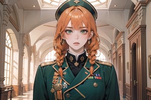 ((Tangerine hair)), (freckle), (twin braids), (bangs), long wavy hair, green eyes, serious, wearing a ((military uniform:1.3)), by Raphael, masterpiece, upper body shot, magnificent indoor hall, Flonie, 1 girl