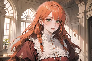 ((Tangerine hair)), (freckle), (twin braids), (bangs), long wavy hair, green eyes, full-face blush, wearing a ((Crimson)) ((royal Victorian dress)), long puff sleeve, by Raphael, masterpiece, upper body shot, magnificent indoor hall, Flonie, 1 girl