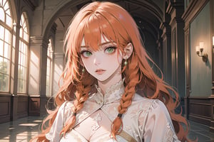 ((Tangerine hair)), (freckle), (twin braids), (bangs), long wavy hair, green eyes, serious, wearing a (lovely Romanticism Gown)), short sleeve, by Raphael, masterpiece, upper body shot, magnificent indoor hall, Flonie, 1 girl