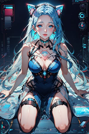  score_9, score_8_up, score_7_up, 

(1woman, mature woman), (((25 years old))), ((kneeling)), ((interacting with holographic interface)), solo, ((beautiful)), pretty, (blue hair), (long hair), (cat ears), pale skin, (blue eyes, naturally beautiful eyes), ((detailed eyes)), expressive eyes, ((kneeling)), ((interacting with holographic interface)), ((centerpiece of high-tech sanctuary)),  (futuristic outfit), ((delicate dress)), ((thigh chokers))

((holographic interface)), neon blue accents, cyberpunk aesthetic, advanced technology, ((glowing elements)), ((virtual reality)), digital particles, floating data screens, ((high-tech setting)), chrome surfaces, LED lighting, translucent fabrics,  ((interacting with holographic interface)), (((Chinese eyes)))