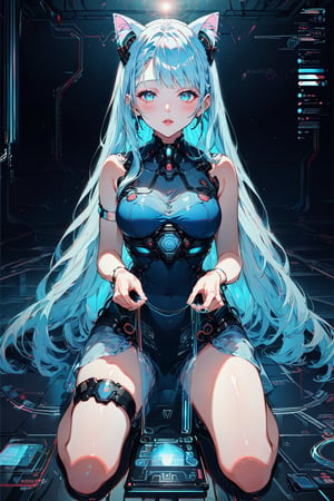  score_9, score_8_up, score_7_up, 

1girl, (((25 years old))), ((kneeling)), ((interacting with holographic interface)), solo, ((beautiful)), pretty, (blue hair), (long hair), (cat ears), pale skin, (blue eyes, naturally beautiful eyes), ((detailed eyes)), expressive eyes, ((kneeling)), ((interacting with holographic interface)), ((centerpiece of high-tech sanctuary)),  (futuristic outfit), ((delicate dress)), ((thigh chokers))

((holographic interface)), neon blue accents, cyberpunk aesthetic, advanced technology, ((glowing elements)), ((virtual reality)), digital particles, floating data screens, ((high-tech setting)), chrome surfaces, LED lighting, translucent fabrics,  ((interacting with holographic interface))