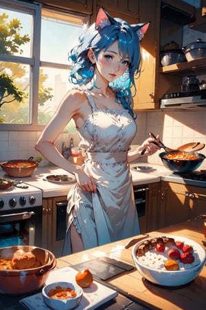  score_9, score_8_up, score_7_up, BREAK 

(1woman, mature woman), (((slim body))), cooking in the kitchen,
long blue hair, cat ears, pretty, gorgeous, cooking in the kitchen, tranquil, etheral, blue eyes, youthful