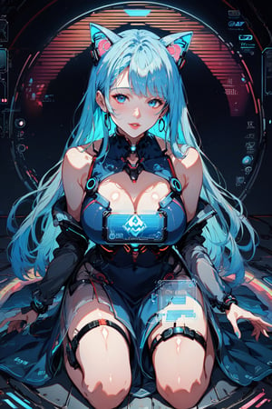  score_9, score_8_up, score_7_up, 

(1woman, mature woman), (((25 years old))), ((kneeling)), ((interacting with holographic interface)), solo, ((beautiful)), pretty, (blue hair), (long hair), (cat ears), pale skin, (blue eyes, naturally beautiful eyes), ((detailed eyes)), expressive eyes, ((kneeling)), ((interacting with holographic interface)), ((centerpiece of high-tech sanctuary)),  (futuristic outfit), ((delicate dress)), ((thigh chokers))

((holographic interface)), neon blue accents, cyberpunk aesthetic, advanced technology, ((glowing elements)), ((virtual reality)), digital particles, floating data screens, ((high-tech setting)), chrome surfaces, LED lighting, translucent fabrics,  ((interacting with holographic interface)), (((Chinese eyes)))