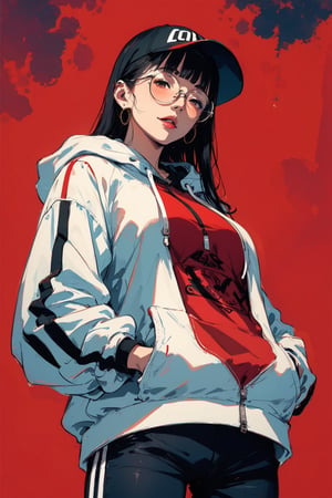  score_9, score_8_up, score_7_up, BREAK 

(1woman, mature woman), (((slim body))), cold expression, 2d, digital painting, (black and red color pallet)
Long black hair, blunt bangs, round glasses, tinted glasses, hoodie, cap, red background, pretty, parted lips, hand on, low angle, dutch angle, 

predominance of red, gray, black

uhd,8k, high quality, 