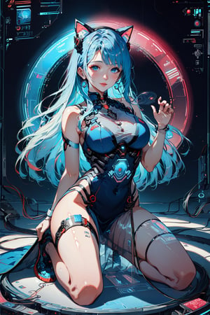  score_9, score_8_up, score_7_up, 

(1woman, mature woman), (((25 years old))), ((kneeling)), ((interacting with holographic interface)), solo, ((beautiful)), pretty, (blue hair), (long hair), (cat ears), pale skin, (blue eyes, naturally beautiful eyes), ((detailed eyes)), expressive eyes, ((kneeling)), ((interacting with holographic interface)), ((centerpiece of high-tech sanctuary)),  (futuristic outfit), ((delicate dress)), ((thigh chokers))

((holographic interface)), neon blue accents, cyberpunk aesthetic, advanced technology, ((glowing elements)), ((virtual reality)), digital particles, floating data screens, ((high-tech setting)), chrome surfaces, LED lighting, translucent fabrics,  ((interacting with holographic interface)), (((Chinese eyes)))