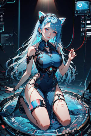  score_9, score_8_up, score_7_up, BREAK 

(1woman, mature woman), (((25 years old))), ((kneeling)), ((interacting with holographic interface)), solo, ((beautiful)), pretty, (blue hair), (long hair), (cat ears), pale skin, (blue eyes, naturally beautiful eyes), ((detailed eyes)), expressive eyes, ((kneeling)), ((interacting with holographic interface)), ((centerpiece of high-tech sanctuary)),  (futuristic outfit), ((delicate dress)), ((thigh chokers))

((holographic interface)), neon blue accents, cyberpunk aesthetic, advanced technology, ((glowing elements)), ((virtual reality)), digital particles, floating data screens, ((high-tech setting)), chrome surfaces, LED lighting, translucent fabrics,  ((interacting with holographic interface)), (((Chinese eyes)))