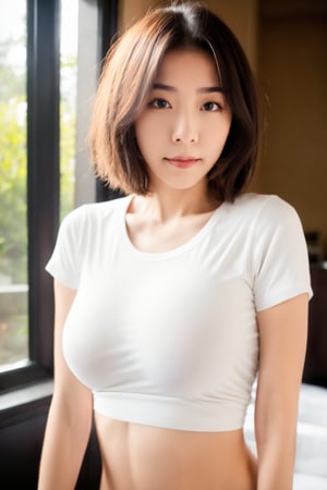 masterpiece, best quality, a girl, solo, short brown hair,breast, chilling, realistic, real_life, relaxing, indoor, home, breasts, white tee