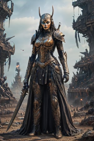 An imposing female warrior stands on the battlefield with a will of steel. Her armor is sophisticated in design, offering both ease of movement and defense. Holding a sharp sword in one hand, the other hand resting on her hip, she is strikingly prepared for battle. The wind from the battlefield washes her long hair, and her eyes are filled with unwavering determination. In the background, her presence is highlighted by a violently waving battle flag and her comrades gazing respectfully at her. She is not only a warrior, but also radiates dignity as a leader.,<lora:659095807385103906:1.0>