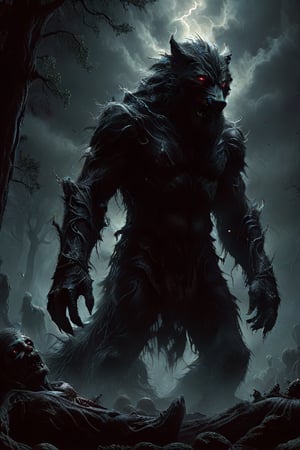 A slim werewolf confronts a pack of zombies in the dim moonlight. The werewolf has a silhouette that reveals toned muscles and a sense of tension, but there is a strong will in his eyes. The zombies surround him in a blur, but the werewolf calmly assesses the situation and considers his next move. The eerie forest spreads out behind him, and the wind is shaking the trees, but the werewolf man maintains his stance, not taking a step back.,<lora:659095807385103906:1.0>