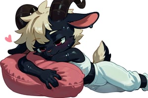 Goat is wearing a crop top and white socks, 1boy, furry, solo, furry male, male focus, horns, heart, white background, simple background, male, animal ears, sweat, small waist, black body, white wool, child, small, white pants, Lying down, hugging a pink pillow 