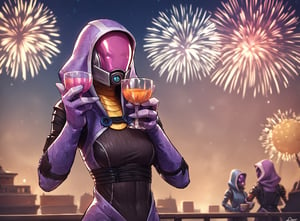 Score_9, Score_8_up, Score_7_up, Score_6_up, Score_5_up, Score_4_up, source_furry, 1 tali'zorah girl holding a cup of fireworks, holding a cup of fireworks, by aqe, tali, tali'zorah, alien, alien humanoid, humanoid, quarian , 3 fingers, armor, black clothing, jumpsuit, dress, clothing, female, fingers, headgear, helmet, hood, non-furry, detailed background, spaceship, fur suit, solo, tight clothing,smile holding cup fireworks