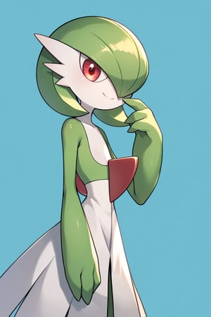 score_9, score_8_up, score_7_up, 1girl, gardevoir, arm_at_side, blue_background, bob_cut, closed_mouth, request_comment, flat_chest, side_view, green_hair, green_skin, hair_over_one_eye, hand_on_mouth, hand_up, happy, looking_at_viewer, one_eye_covered, biased_comment, pokemon_(creature), red_eyes, short_hair, smile, alone, standing, two_tone_skin, white_skin