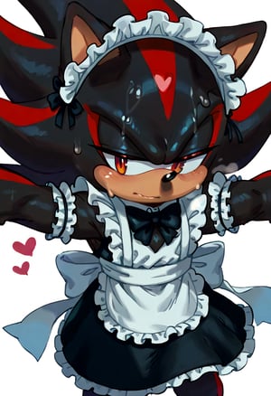 Shadow hedgehog is wearing a maid clothes and white stockins, 1boy, furry, solo, furry male, male focus, heart, white background, simple background, male, sweat, Scenery, 