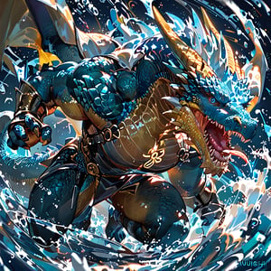 score_9, score_8_up, score_7_up, Yugioh style, muscular yellow dragon, Dark blue eyes, white water around, symbols around, Spiral on chest, white drops on body, sharp teeth, dynamic angle, detailed Background, full body, sexy pose, action pose,