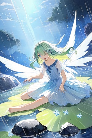 1girl, fairy wings, hair over eyes, extra long hair, straight hair, green hair, female, Bell, miko clothing, flat chest, pale skin, expresionless, 
Dancing, dancing, No expression , eyes closed, 
Duo
Blue dress, wings, flower, 1girl, water, rock, sitting, rain, dark_skin, short_hair, blue_hair, fairy, outdoors, blue_eyes, open_mouth, short_sleeves, blue_dress, collarbone, ice_wings
