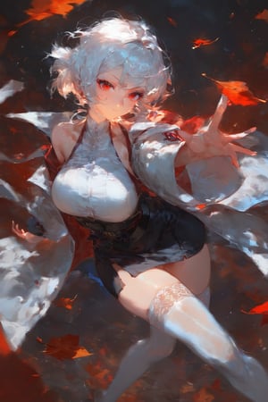 (score_9,score_8_up,score_7_up),best quality, expressive eyes, perfect face, girl with short white hair and red eyes, wearing a white cardigan, jacket under her shoulders, black office skirt, fashion eyelashes, sword

Standing, combat pose, beautiful eyelashes, red leaves around, samurai position, long sleeves, halterneck, white dress, white thighhighs