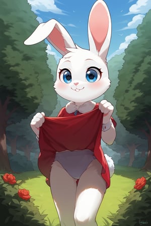 a cute little girl which is a white bunny with short blonde hair blue eyes, smiling, loli, bunny nose, (bunny tail:1,5), outdoors, (best quality:1,5), (masterpiece:1,5), art_by_dagasi:1, clothed, (white fur:1,5)