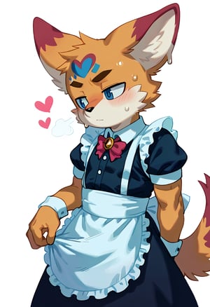 Shadow is wearing a maid clothes and white stockins, 1boy, furry, solo, furry male, male focus, heart, white background, simple background, male, sweat, Scenery, 