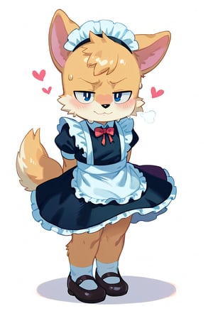 Shadow is wearing a maid clothes and white stockins, 1boy, furry, solo, furry male, male focus, heart, white background, simple background, male, sweat, Scenery, 