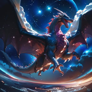 score_9, score_8_up, score_7_up, Yugioh style, black dragon, Dark blue eyes, deep space around, stars around, purple bioluminicencia on chest, stars drops on body, sharp teeth, dynamic angle, detailed Background, full body, Strong, Big wings,,