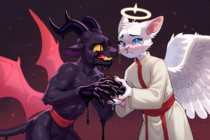 Maniani, drawn, cat, mouthless, white tunic, red band around the tunic, Slit pupil, white cat, horns, crying black liquid, demon tail, angel wings, black halo, big claws, long arms, big hands, 