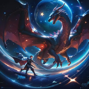 score_9, score_8_up, score_7_up, Yugioh style, black dragon, Dark blue eyes, deep space around, stars around, purple bioluminicencia on chest, stars drops on body, sharp teeth, dynamic angle, detailed Background, Strong, Big wings,