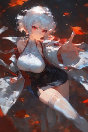 (score_9,score_8_up,score_7_up),best quality, expressive eyes, perfect face, girl with short white hair and red eyes, wearing a white cardigan, jacket under her shoulders, black office skirt, fashion eyelashes, sword

Standing, combat pose, beautiful eyelashes, red leaves around, samurai position, long sleeves, halterneck, white dress, white thighhighs