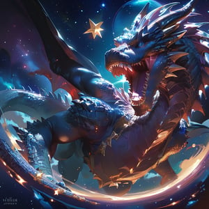 score_9, score_8_up, score_7_up, Yugioh style, black dragon, Dark blue eyes, deep space around, stars around, purple bioluminicencia on chest, stars drops on body, sharp teeth, dynamic angle, detailed Background,