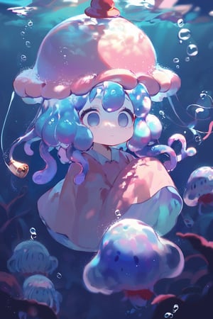 score_9, score_8_up, score_7_up, source_anime, 1girl, Jellyfish loli, Jellyfish Hat, Large jellyfish Hat, empty eyes, big eyes, pink dress, tentacle hair, bright eyes, 0.0 , Big empty eyes, white eyes, cute, small, adorable, underwater,bosstyle